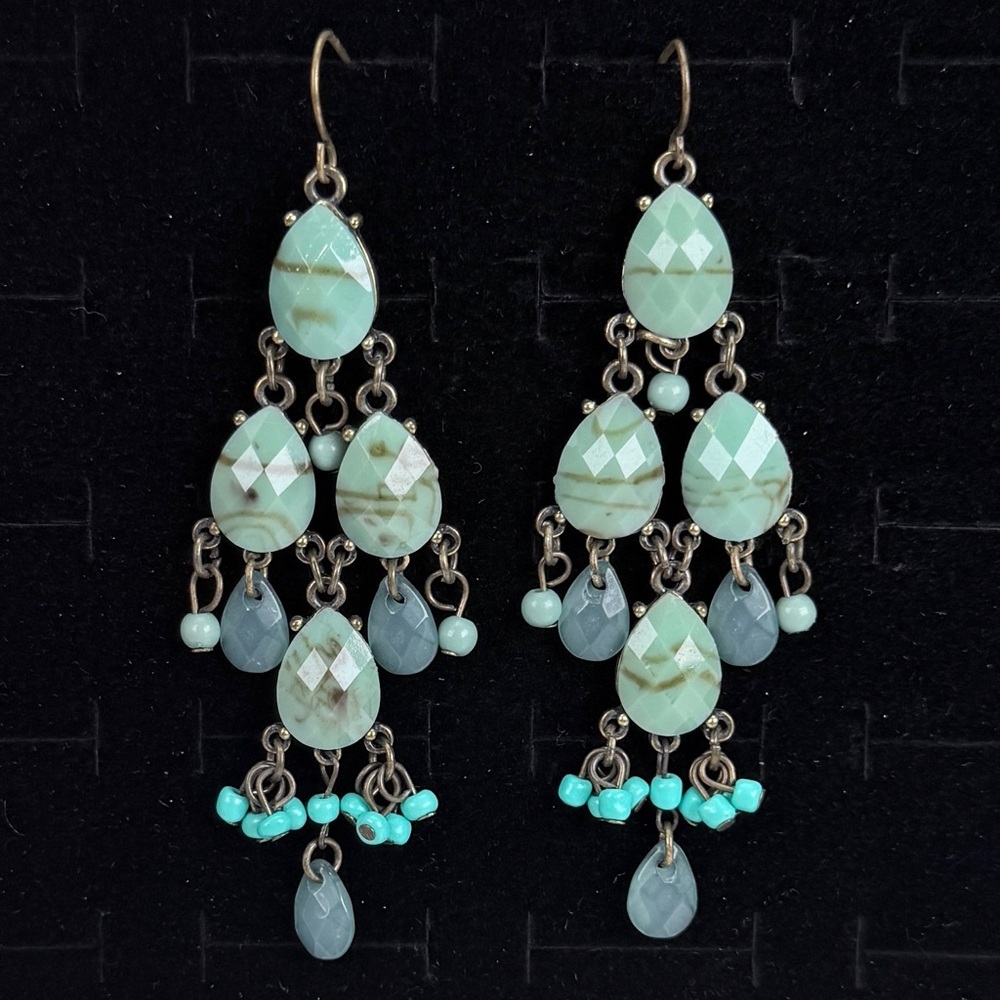 Pretty blue green southwestern chic, long dangle costume earrings